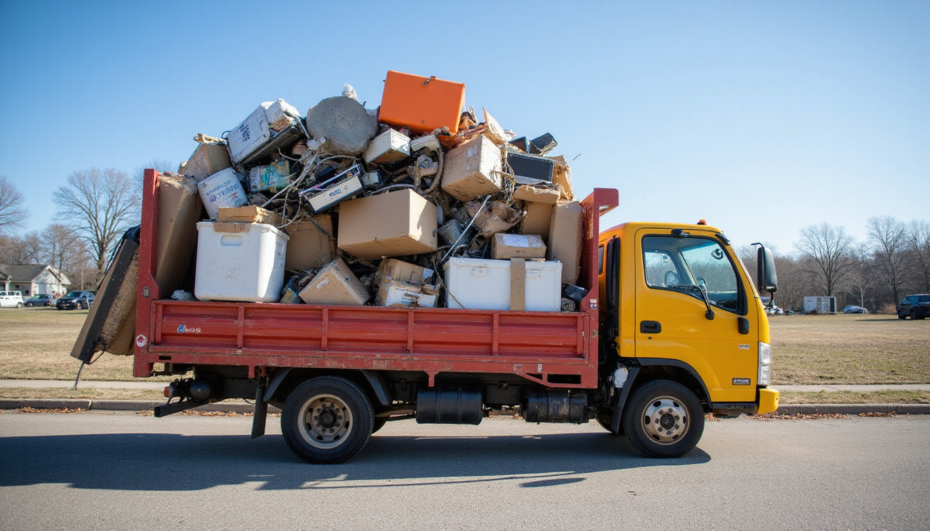  professional junk removal truck loaded with discarded household items under bright daylight