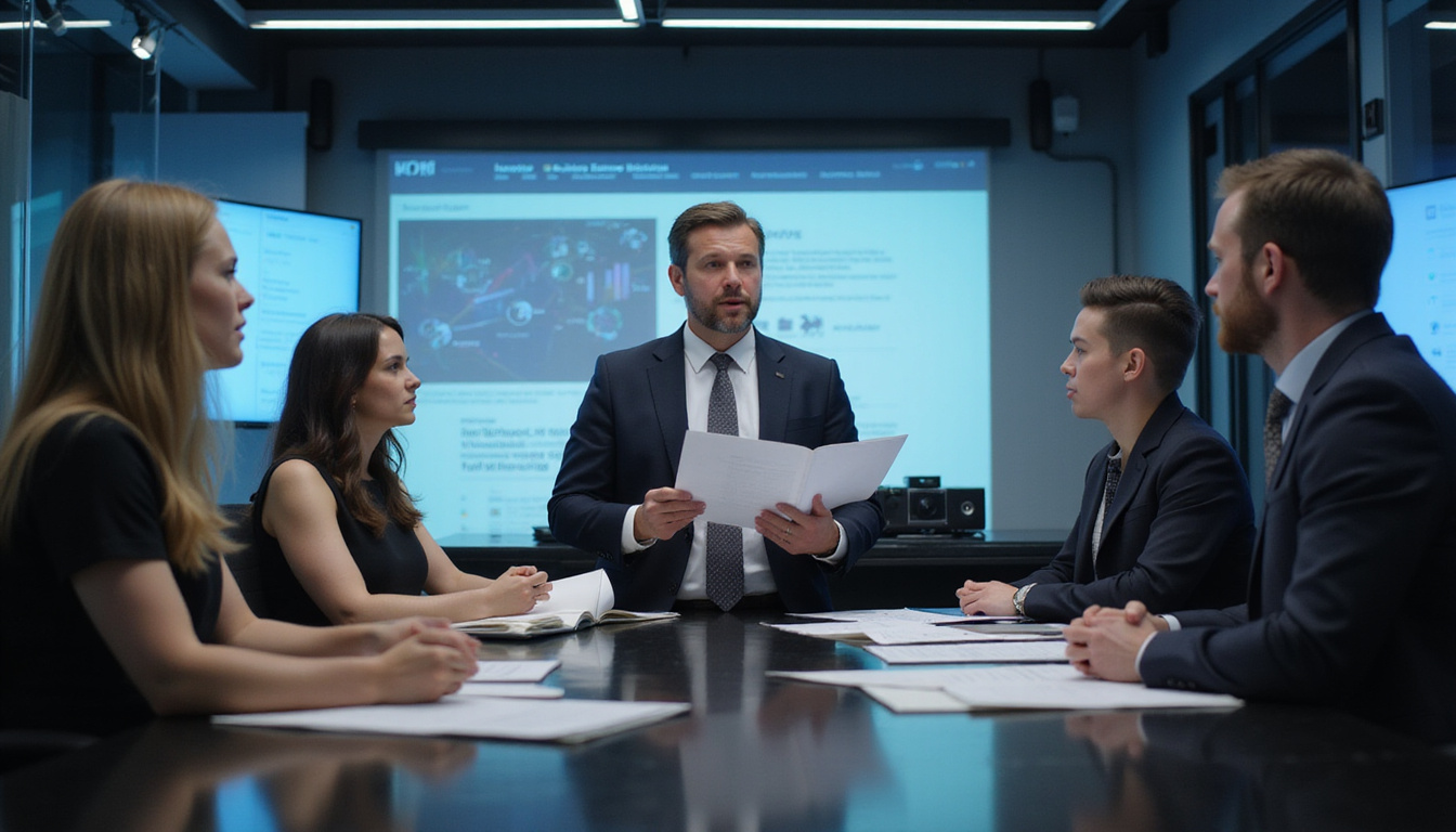 government official explaining contract details to attentive team, digital documents and projectors in background