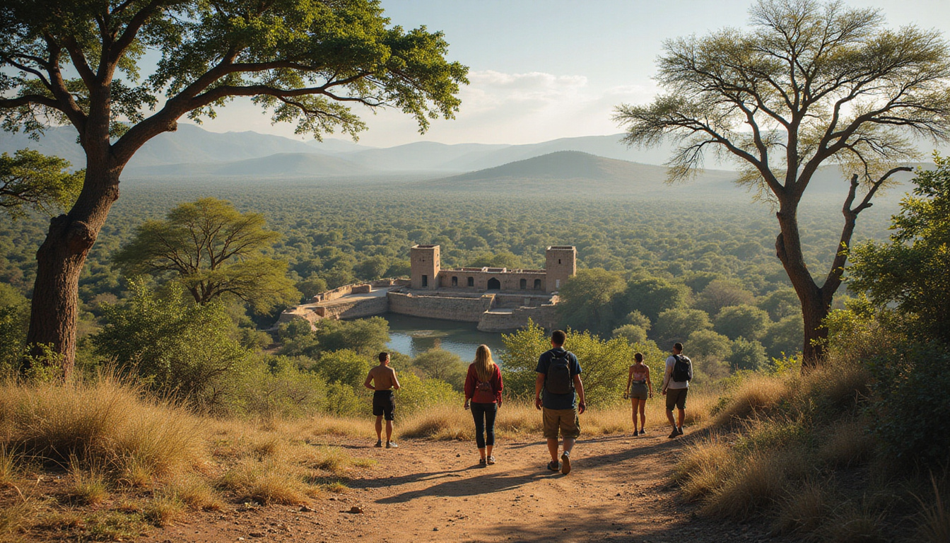 Adventurous group exploring ancient Nile heritage sites surrounded by dense forest and wildlife