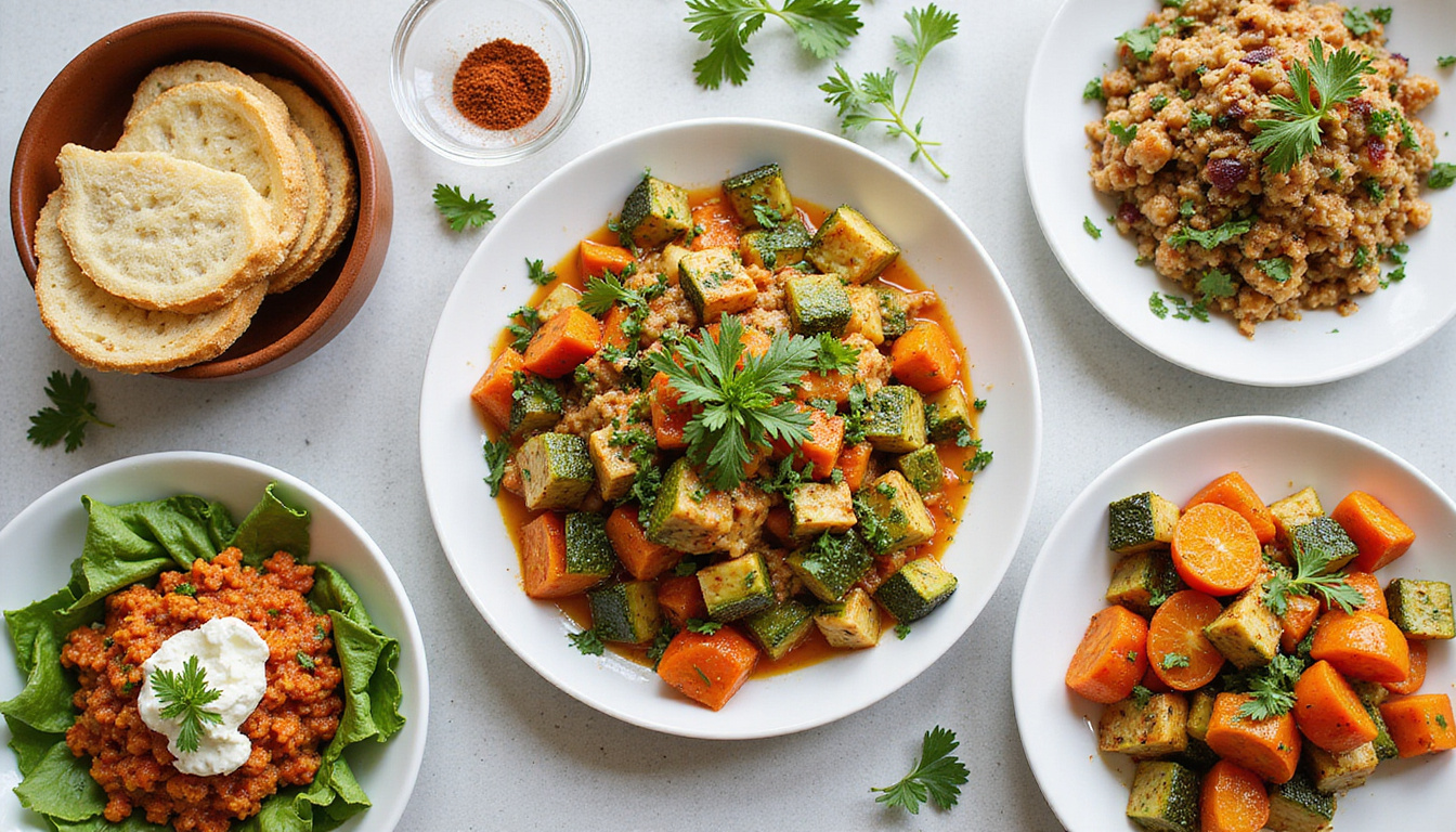 Vibrant assortment of keto-friendly vegetable recipes plated beautifully with herbs and spices