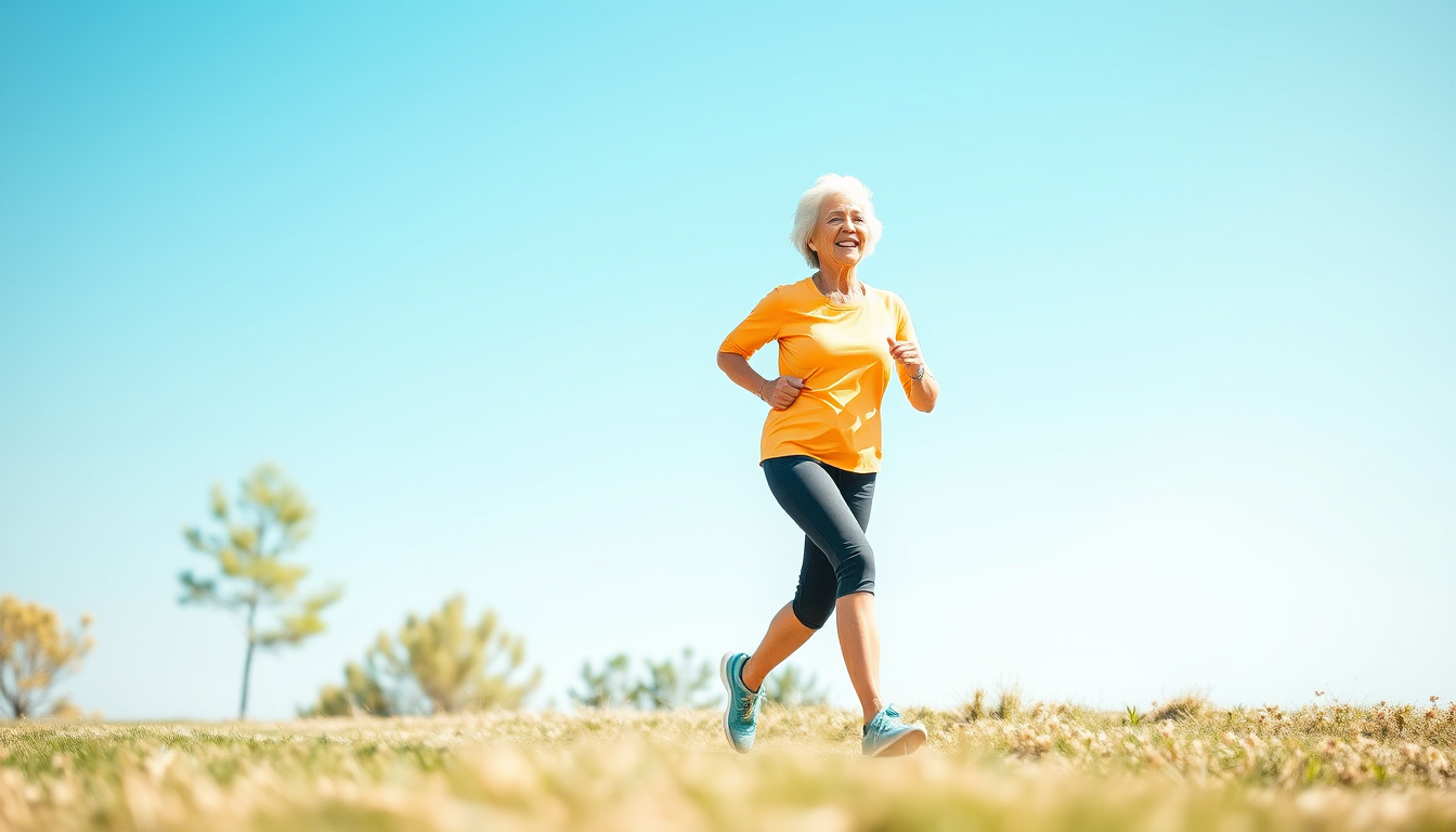 happy elderly woman jogging outdoors, clear blue sky background