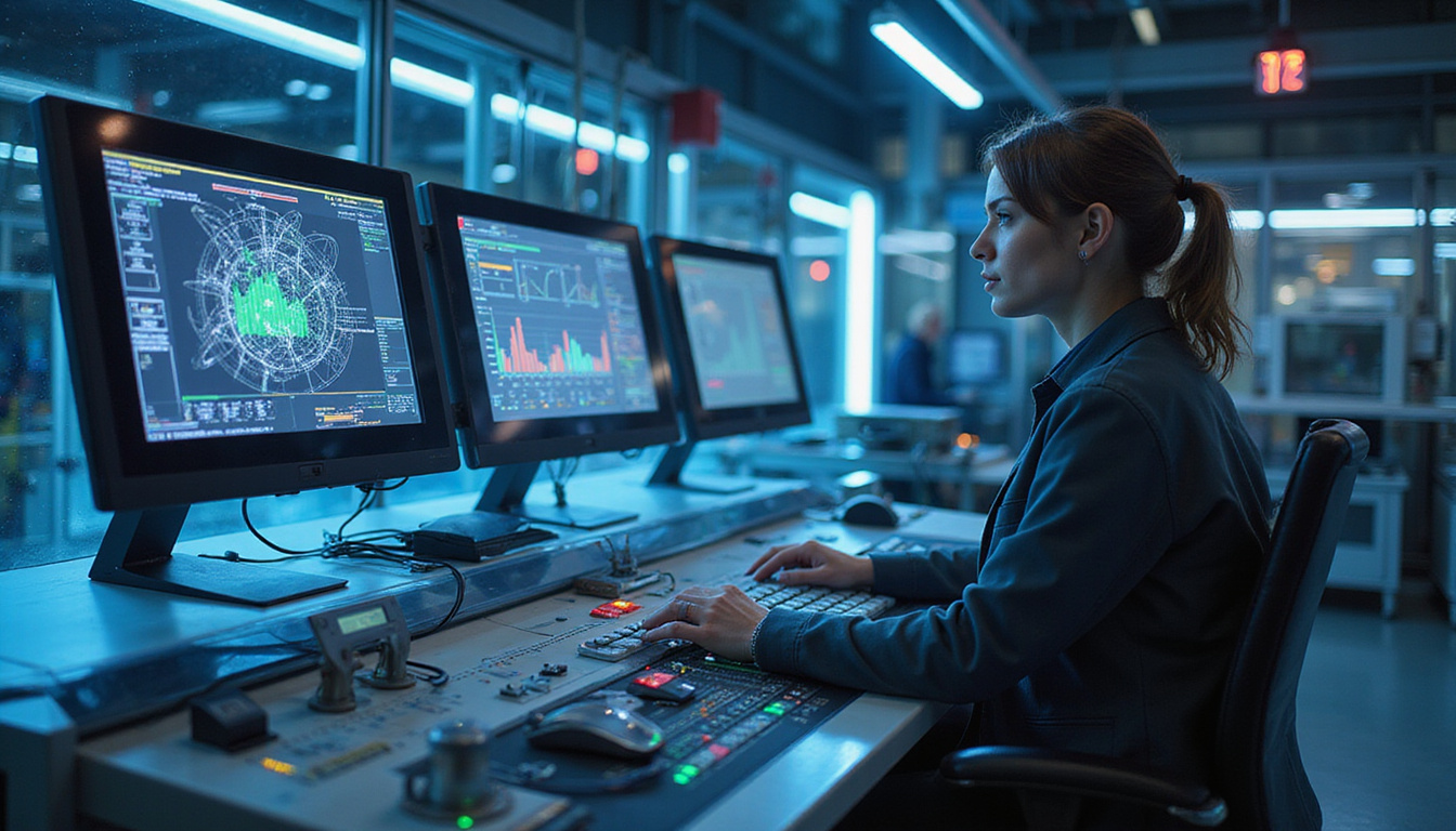  Sleek AI-powered intelligent machines optimizing complex industrial processes, vibrant control panels glowing