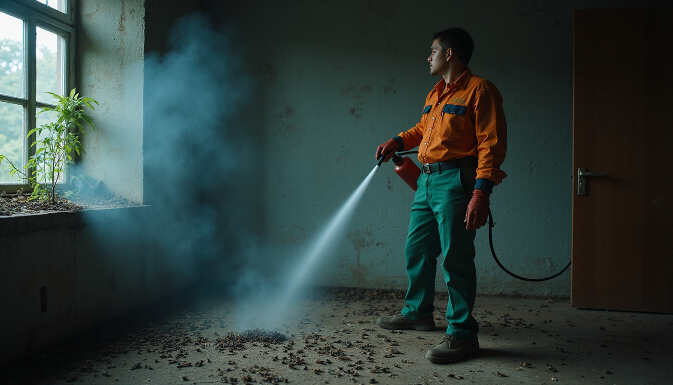  professional pest control technician wearing uniform, spraying insecticide in dark, roach-infested room