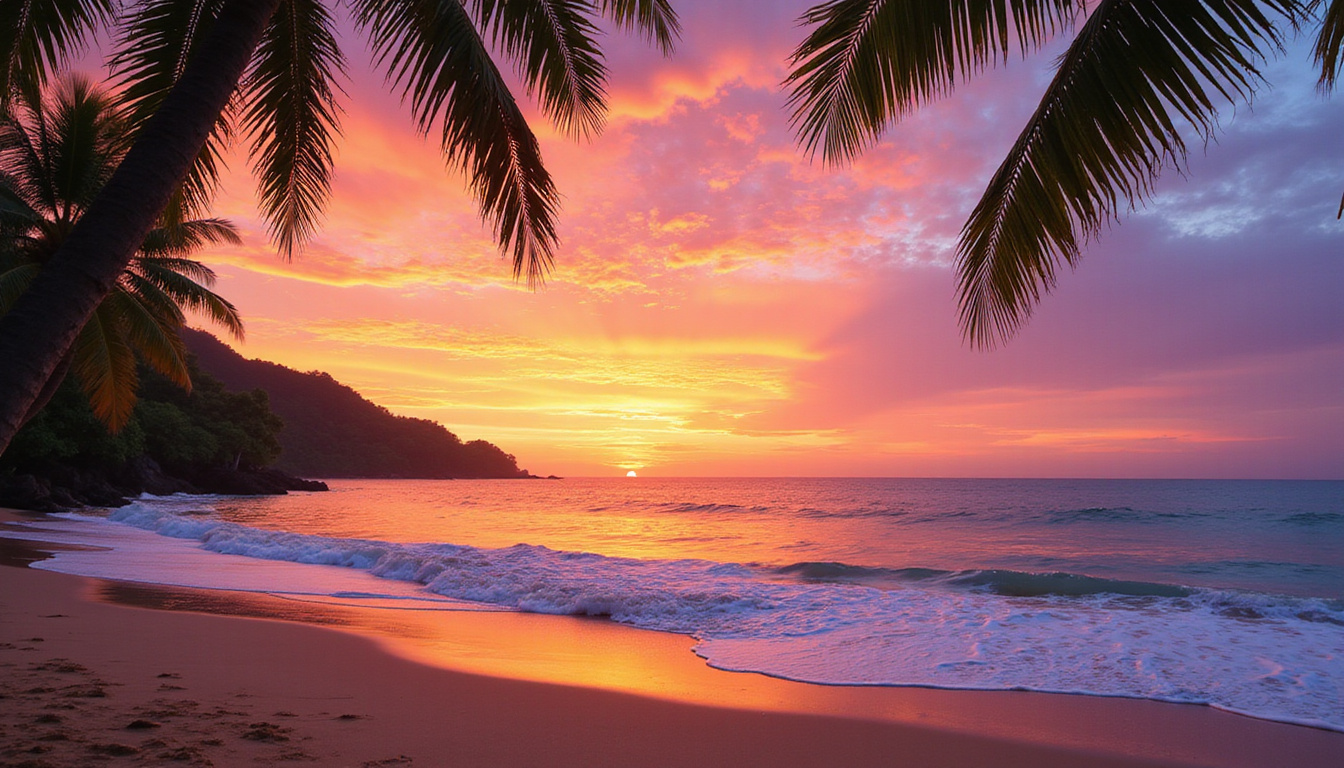  Hidden Bali beach sunset, tranquil waves, vibrant orange and pink sky, palm trees silhouette, serene atmosphere