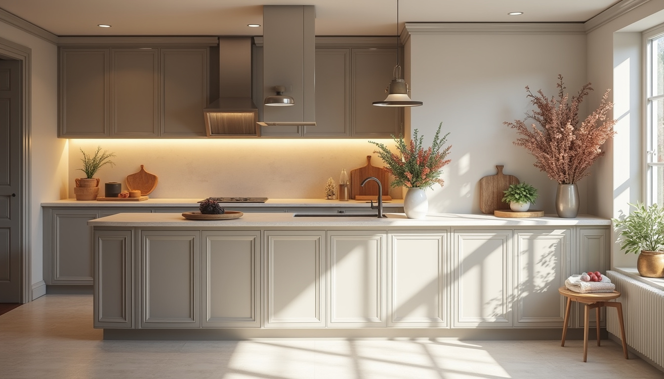 Elegant staged kitchen, sleek minimal design, fresh flowers, warm ambient lighting