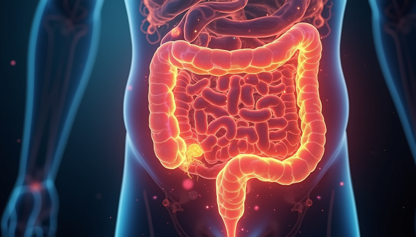 healthy human gut cross-section glowing with vibrant microbial activity and beneficial fatty acids