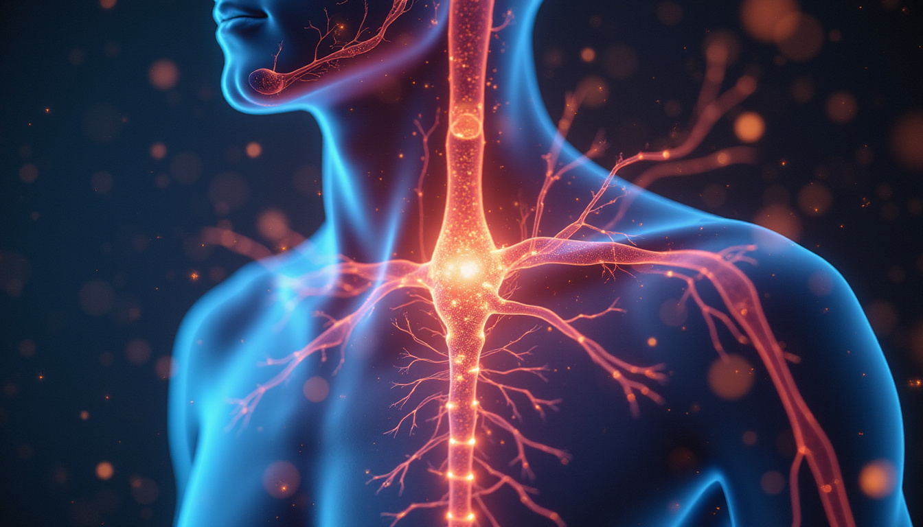 close-up of colorful nerve anatomy with pain relief icons and soothing light effects