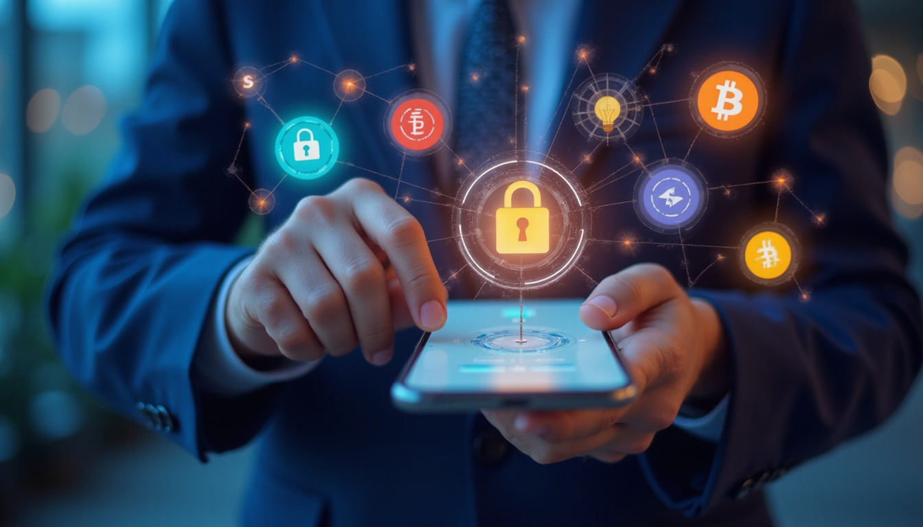  Person using multi-factor authentication on a smartphone with digital security icons and crypto coins floating around