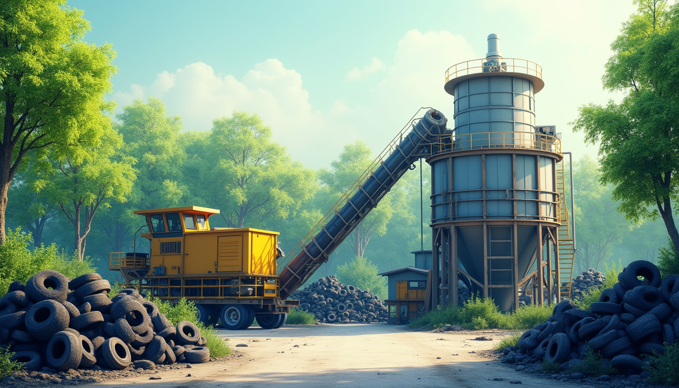 recycling plant with machinery processing scrap tires into eco-friendly materials surrounded by green trees and clean environment