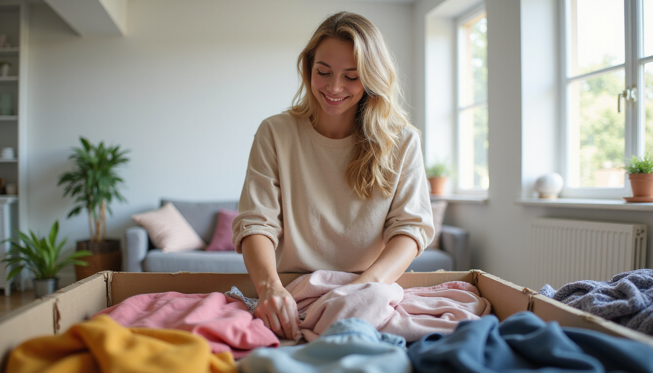  a person happily sorting and donating clothes in a spacious, sunlit room with minimalist decor