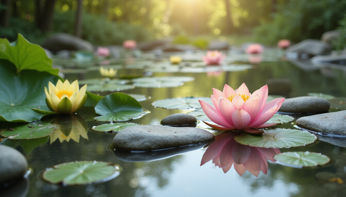  Calm Zen garden with lotus flowers, smooth stones, soft sunlight, tranquil ambiance