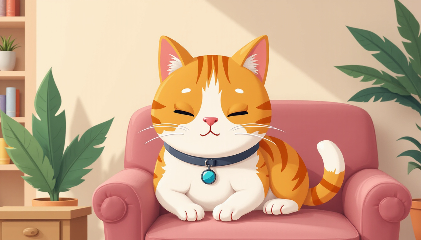 Cat wearing an anti-spray collar, calm and relaxed in a cozy home setting