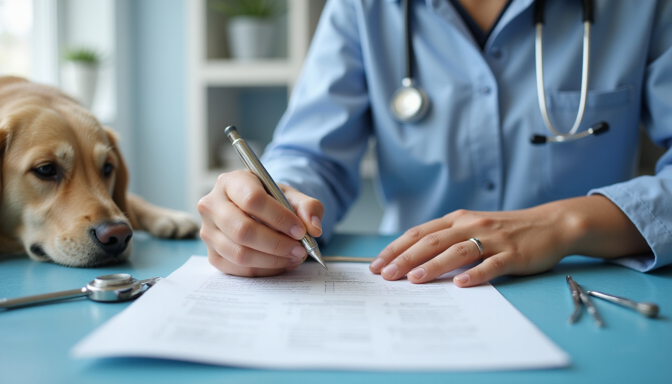 close-up of veterinary technician filling renewal form, desk with vet tools, calm animal background, paperwork focus