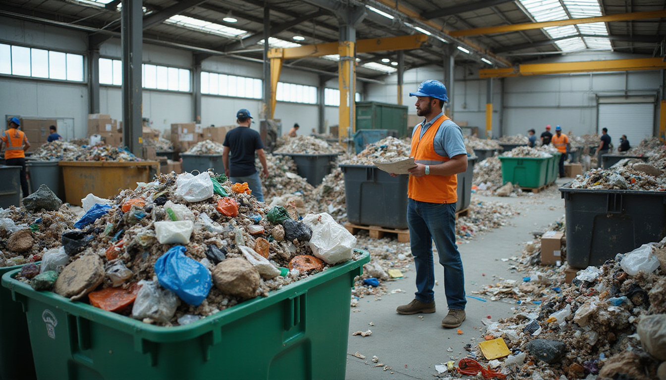  workers sorting bulk waste in organized urban recycling facility with large bins