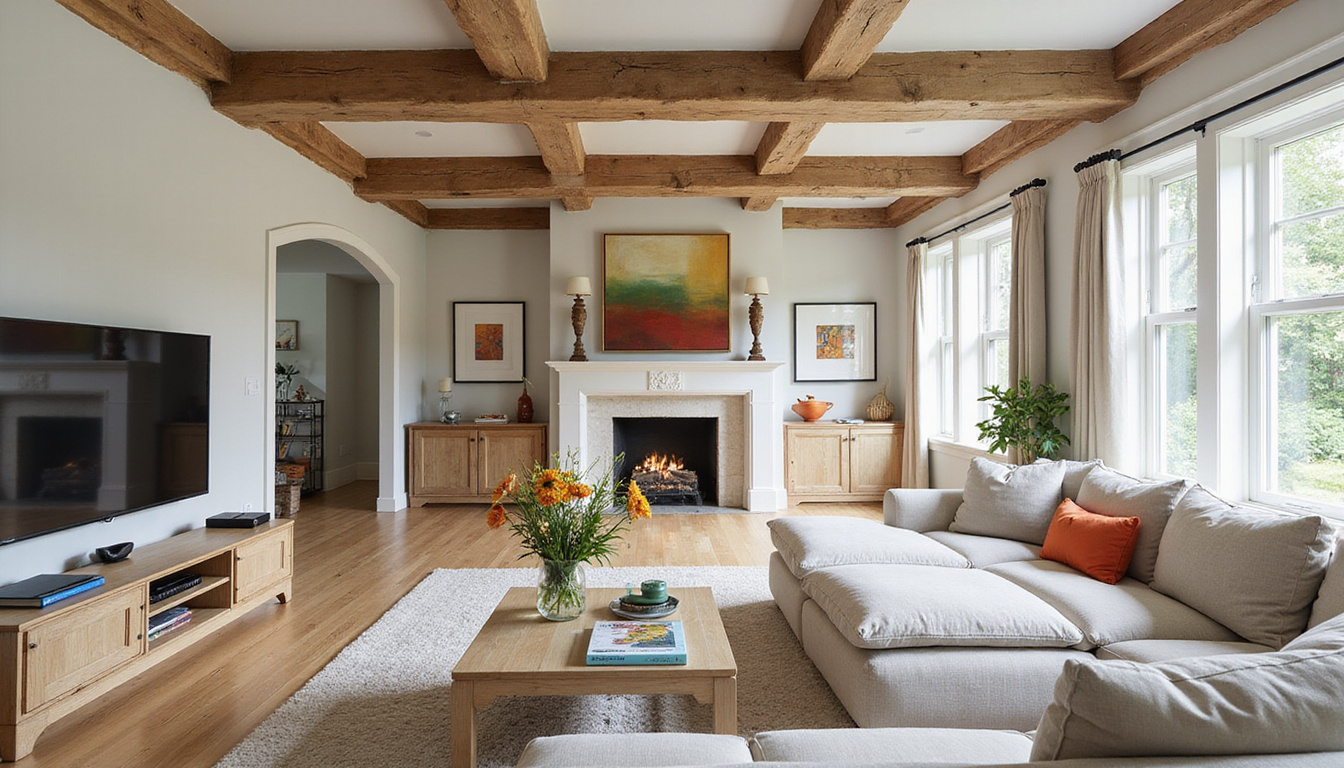  Elegant reclaimed wood beams integrated in contemporary living room design