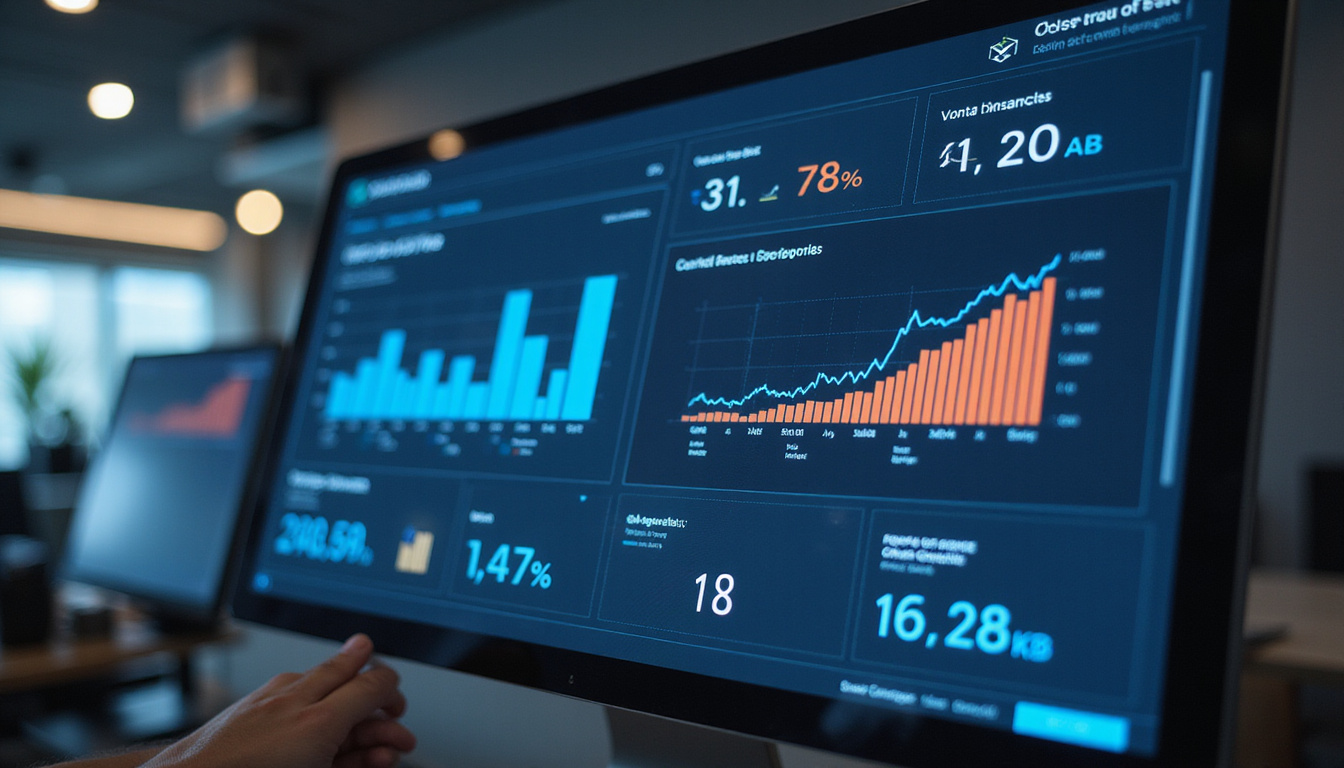 futuristic digital dashboard displaying compliance metrics for government contracts, sleek UI, business environment