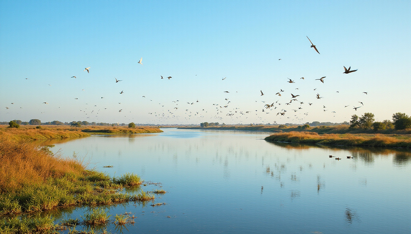  expansive Nile River with diverse exotic birds flying, vibrant wetlands, clear sky