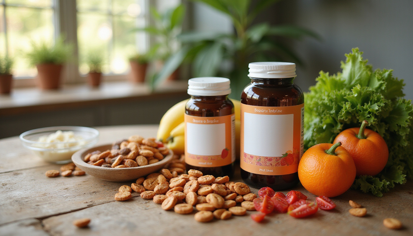 Close-up of fiber-rich foods and supplement bottles on wooden table