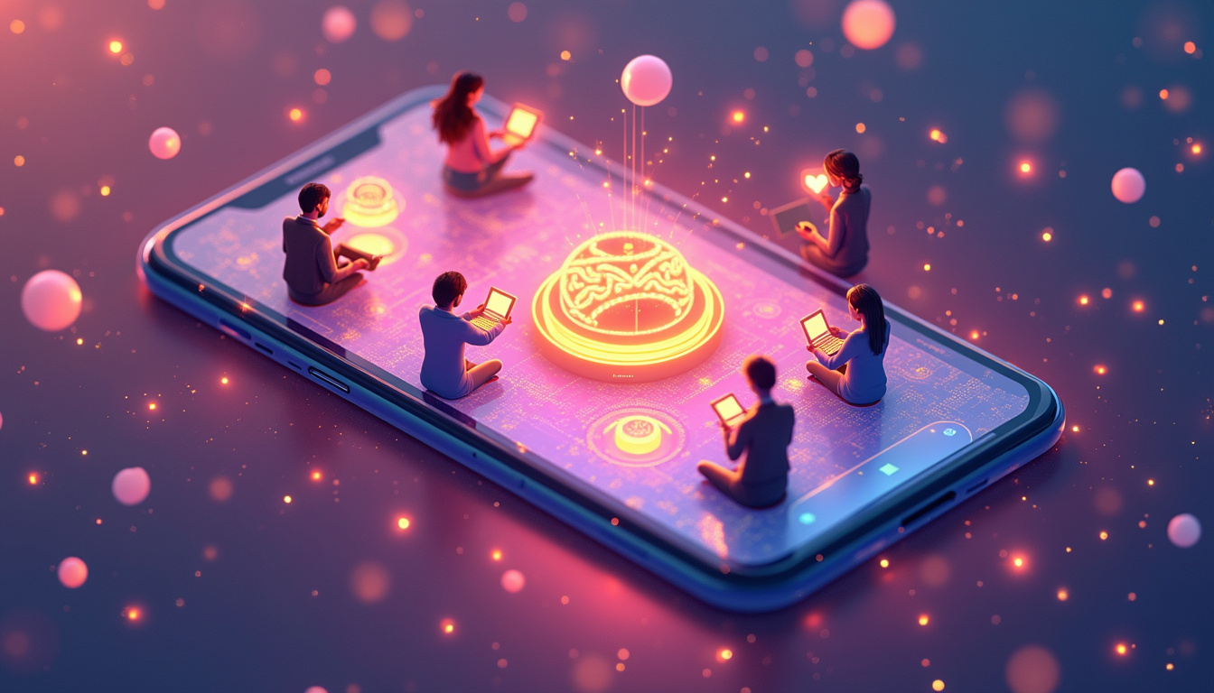  diverse group of people engaging with digital NFT art on sleek devices, vibrant crypto icons floating