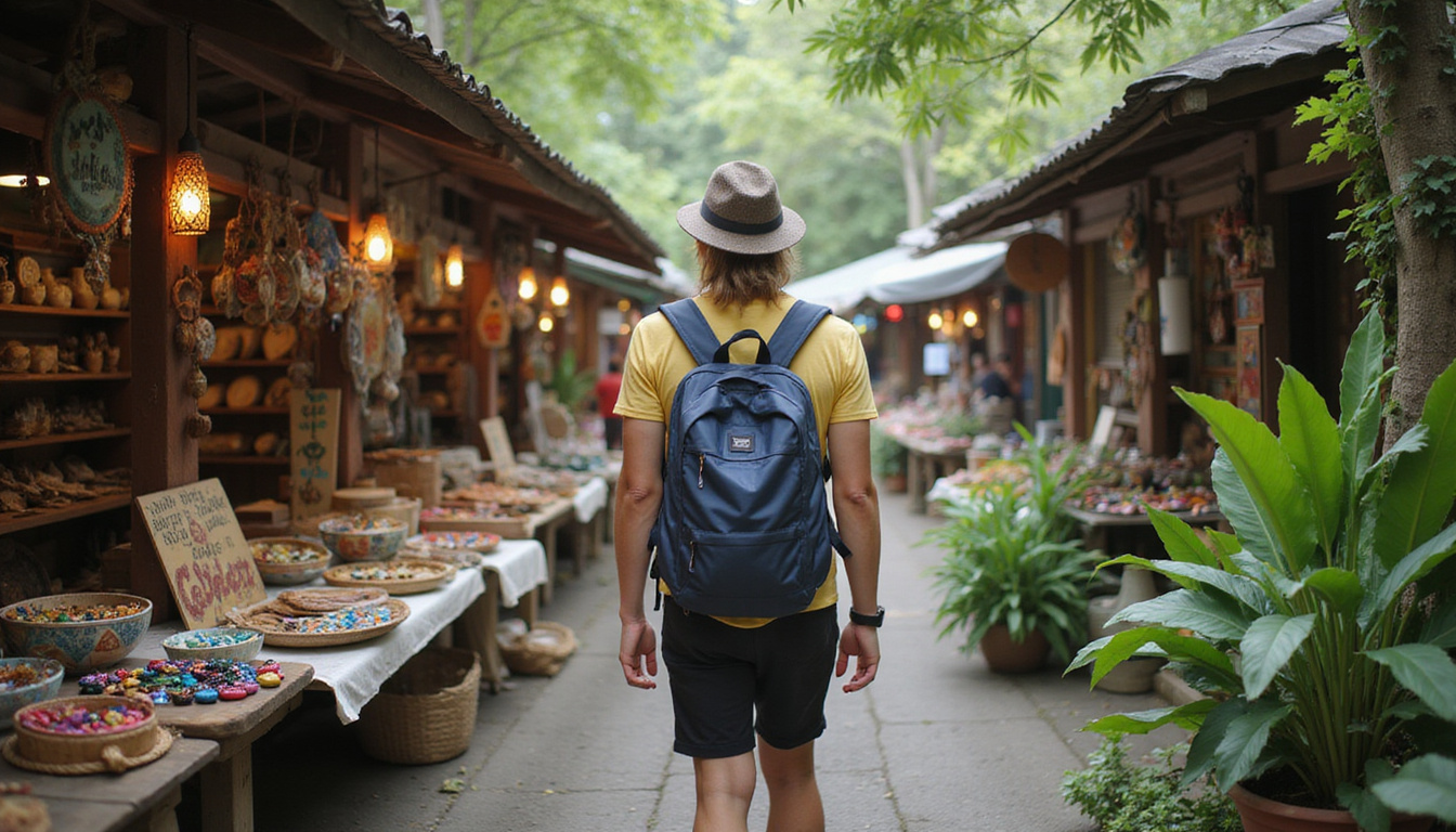  Backpacker exploring Bali market stalls with colorful crafts and lush greenery