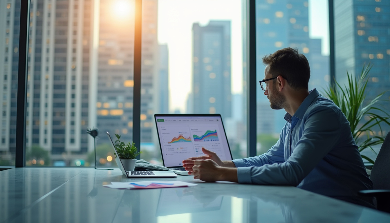 Investor analyzing real estate charts, modern office with city view, focus on vacancy trends
