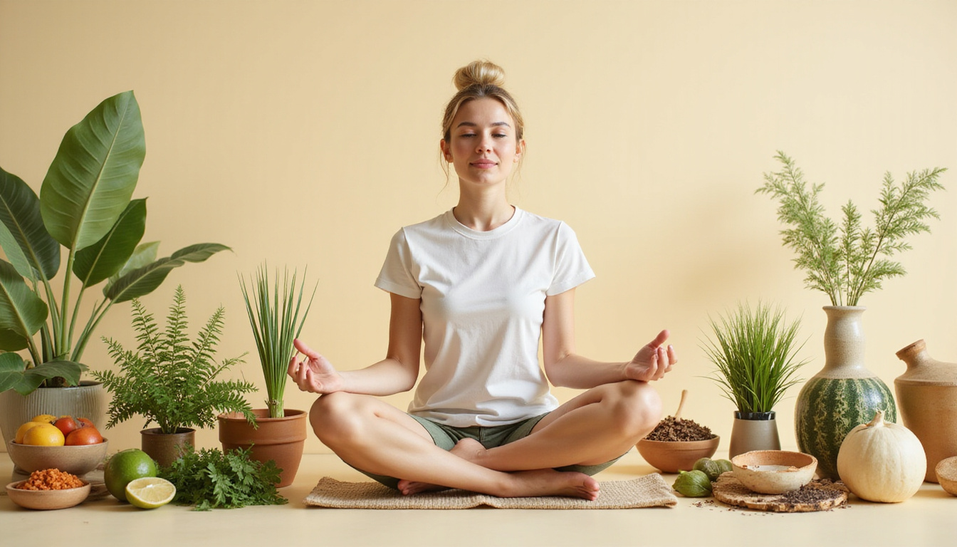 Calm person meditating surrounded by natural herbs and digestive-friendly foods