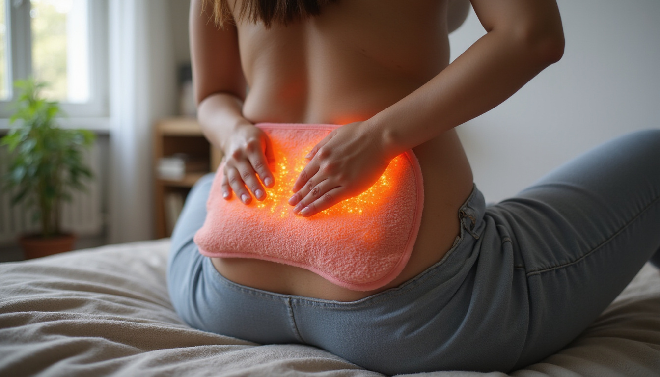 Cozy home environment, applying heat pad to lower back for quick sciatica comfort
