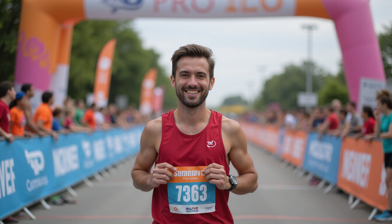 runner happily holding race bib with volunteers and colorful banners in background