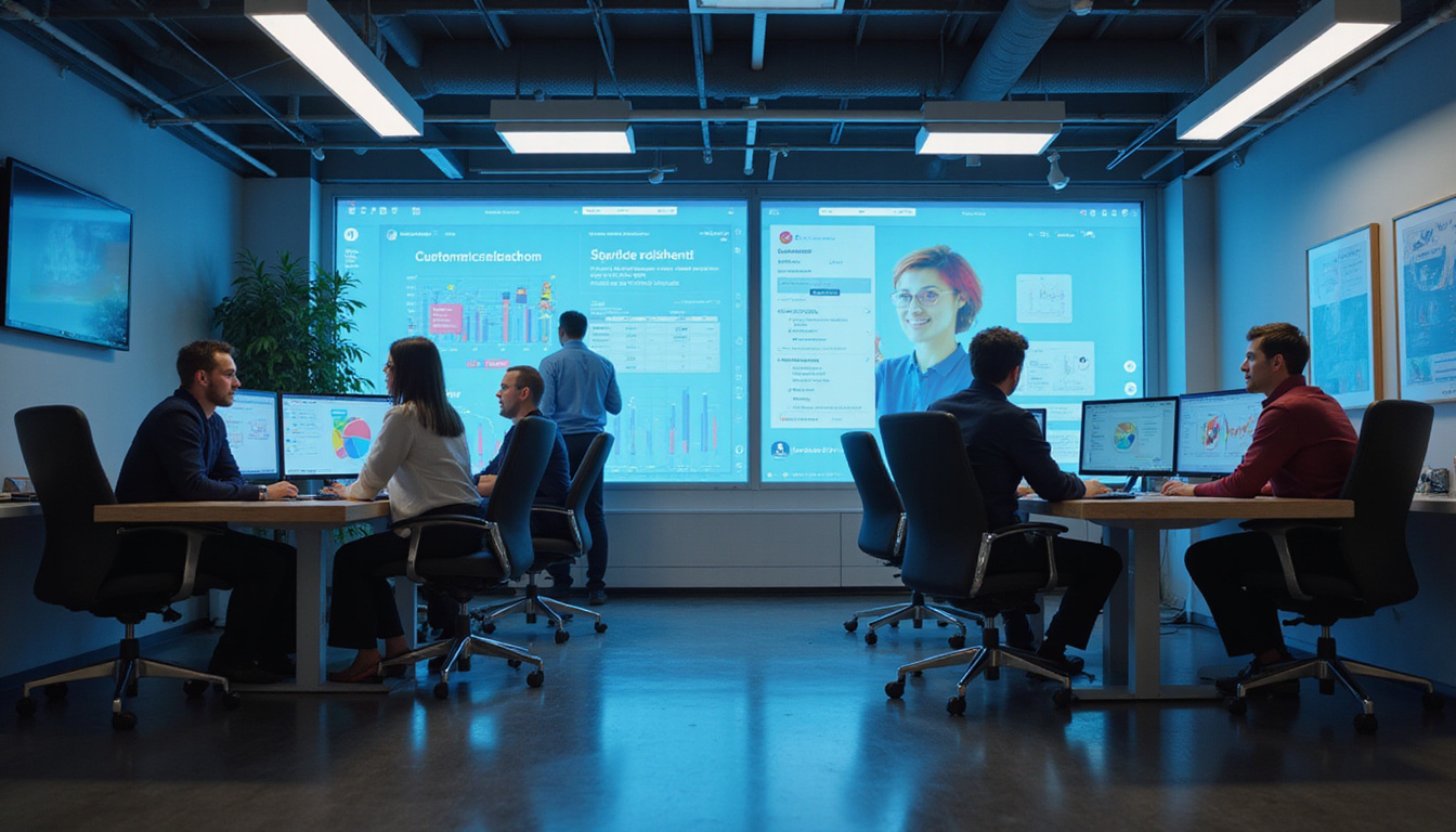 sleek office environment, team collaborating, digital efficiency, customer satisfaction charts on screens