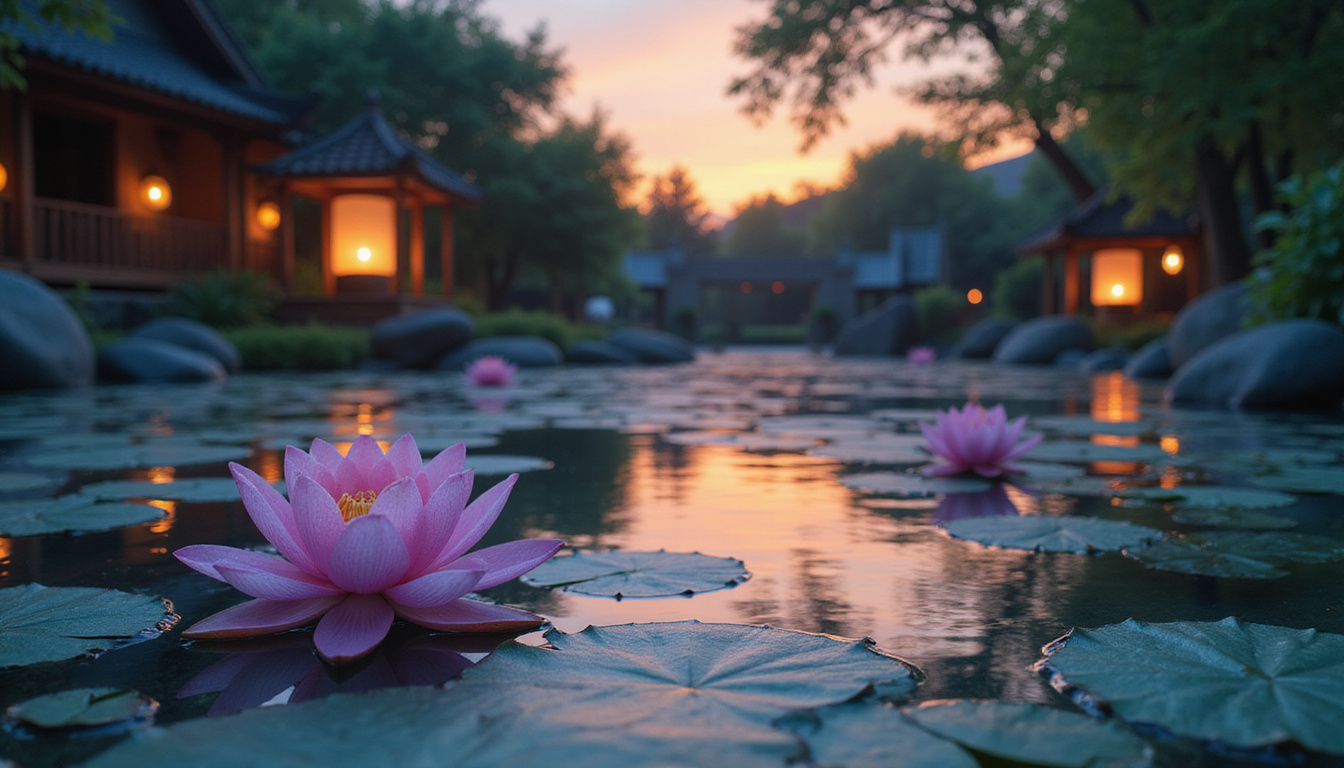  Peaceful Zen garden with lotus flowers, gentle water flow, and glowing lanterns at dusk