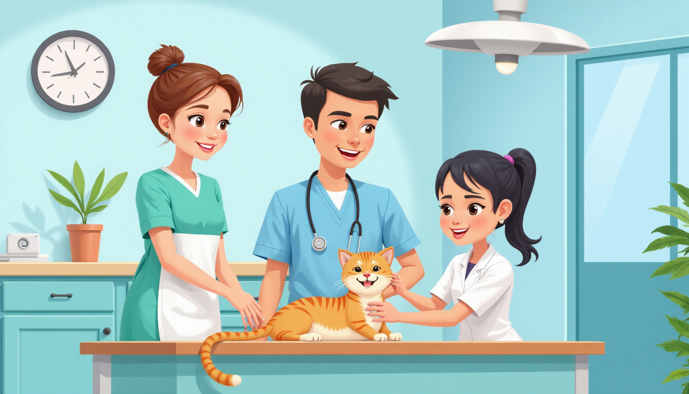 Happy cat with a veterinarian performing neutering, clean clinic, bright colors 