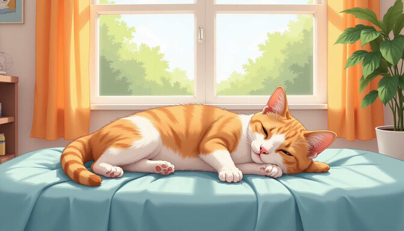  Relaxed cat lounging post-neutering, cozy home setting, soft sunlight