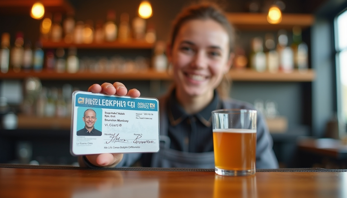  bartender smiling behind bar with official license displayed prominently