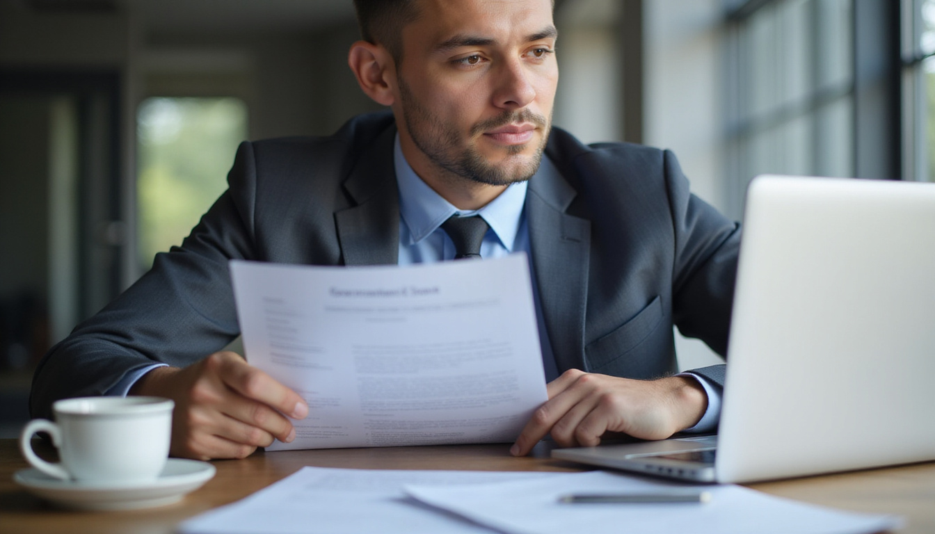  Small business owner reviewing government contract documents, focused expression, laptop and coffee on desk