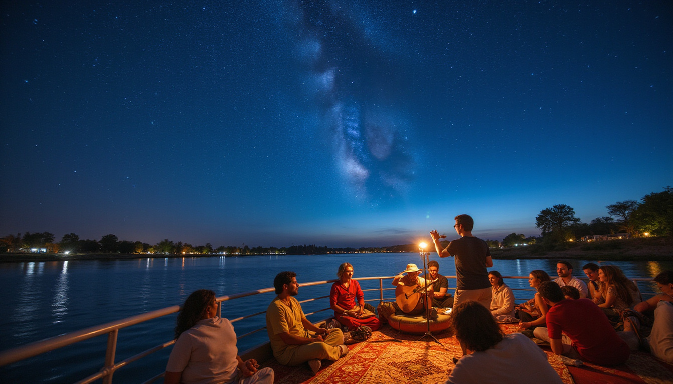 Tourists enjoying traditional Egyptian music on deck under starry night sky on the Nile River