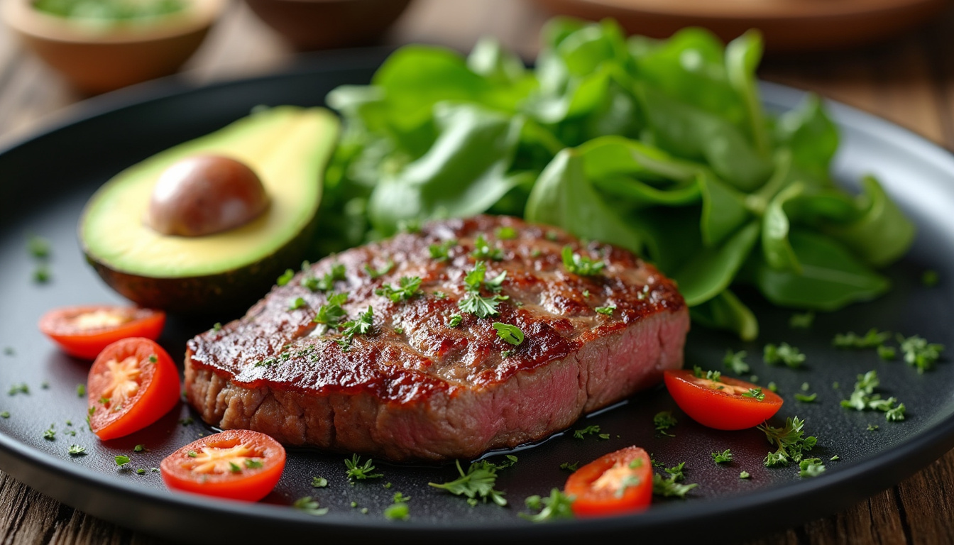 vibrant bodybuilding meal with lean steak, avocado, and spinach for fat loss