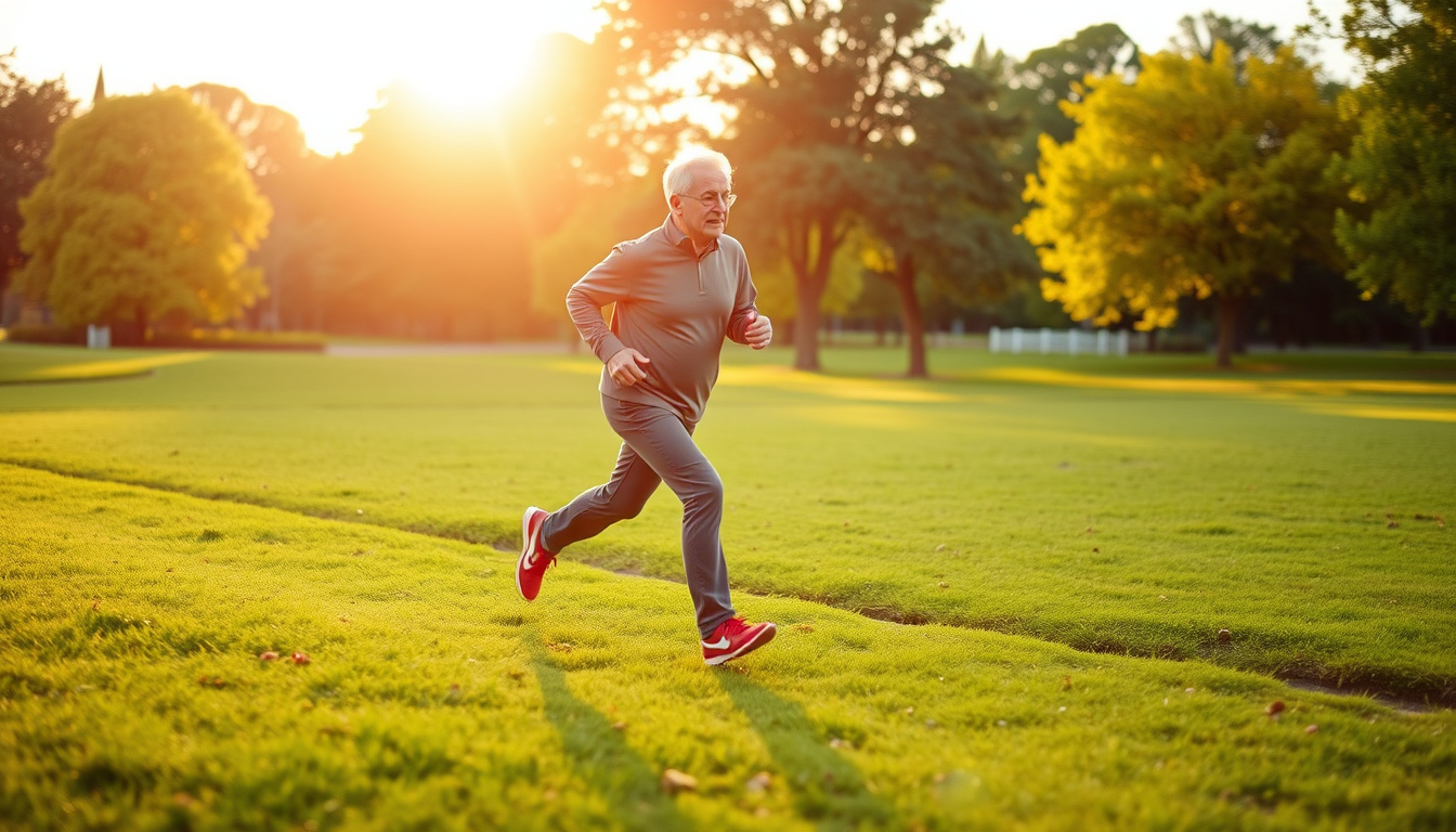Active elderly person running energetically in green park with sunrise background