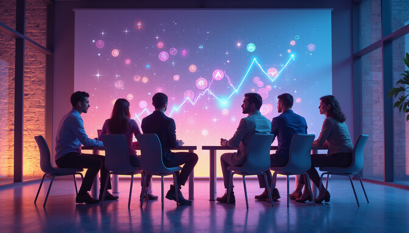 vibrant blockchain marketing campaign, diverse team brainstorming, growth charts, crypto coins floating