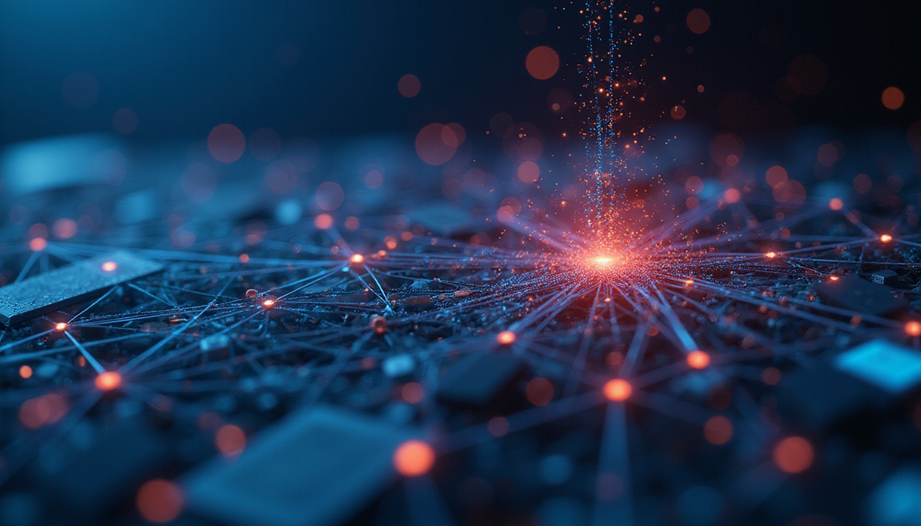  sleek intelligent agent mediates data flow between complex software systems digital network background