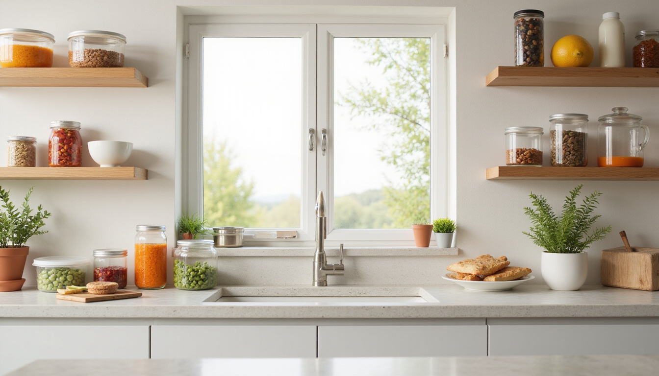  Minimalist kitchen with sealed food containers, bright light, and roach deterrent sprays on shelves