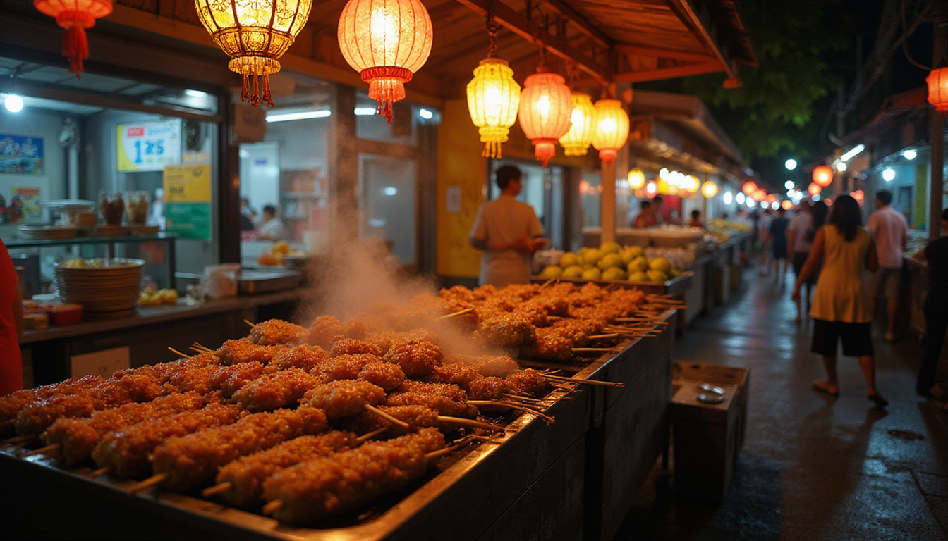 lively street food scene in Bali at night, sizzling satay and tropical fruits under neon lights