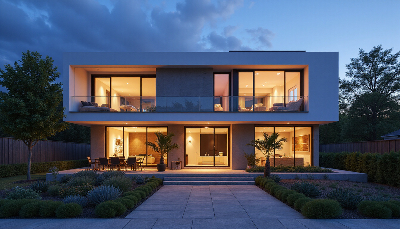 Futuristic smart house exterior glowing with tech, appealing to sophisticated buyers at dusk