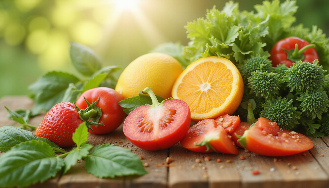Fresh organic food surrounded by microscopic postbiotic particles enhancing gut health, soft sunlight filtering