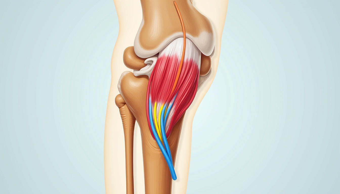 Detailed anatomical illustration of piriformis muscle highlighted, sciatic nerve path shown, medical style diagram