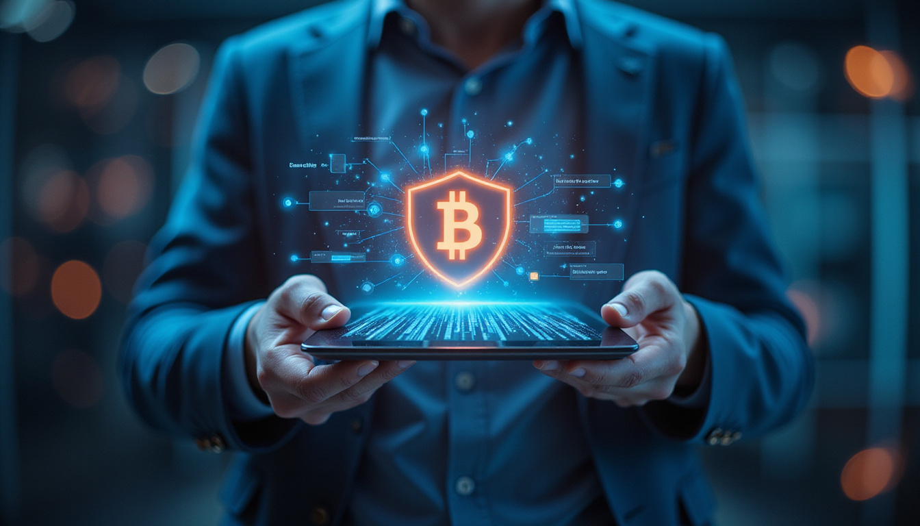  Hands holding a secure digital tablet displaying blockchain assets, modern cybersecurity background