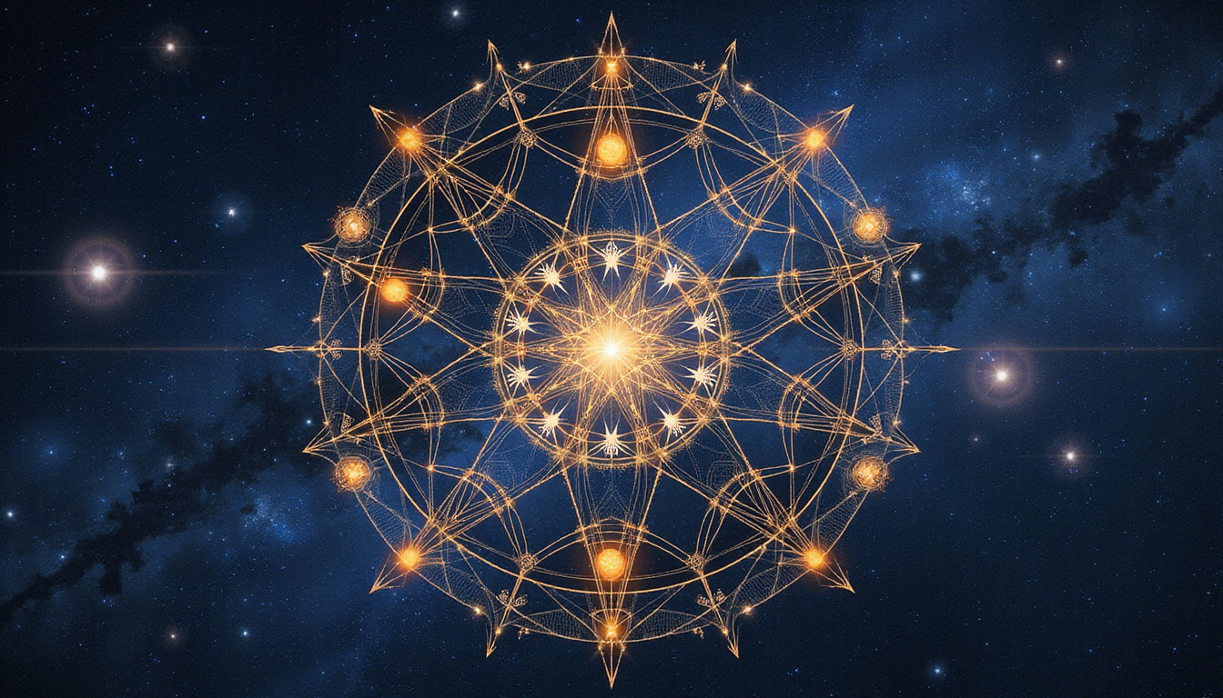 Cosmic sacred geometry shapes intertwined with stars and planets, ethereal golden lines forming complex mandalas