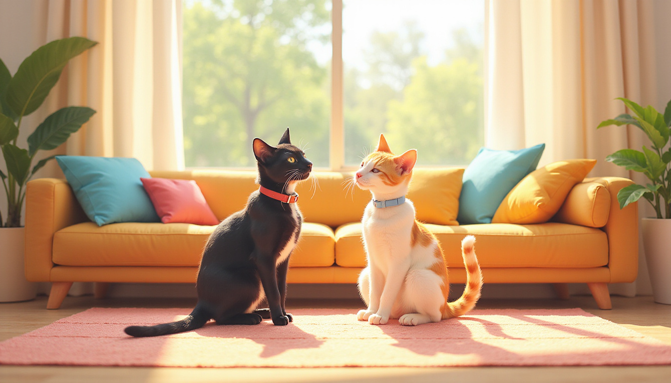 Two cats peacefully sharing a sunny living room, cozy cushions and subtle territory markers