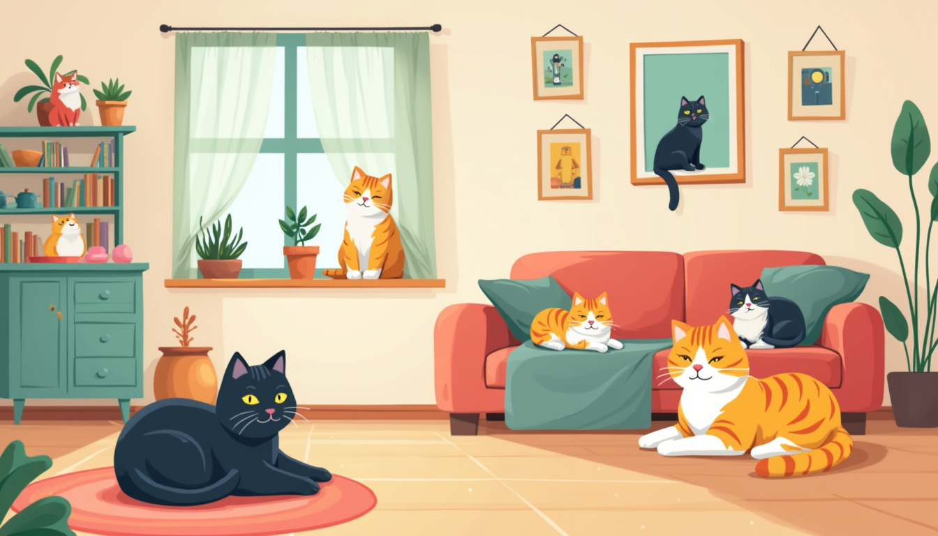 Multi-cat household scene with cats lounging in distinct areas, harmonious and calm atmosphere