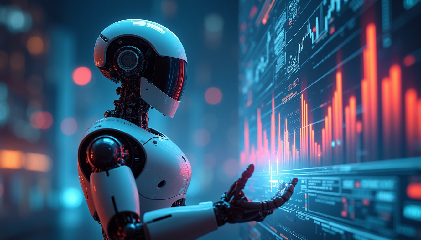  sleek robot analyzing marketing metrics on holographic screen, vibrant tech background, digital transformation theme