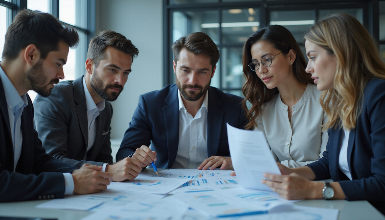  Diverse team analyzing financial documents, government compliance charts, modern business environment, teamwork